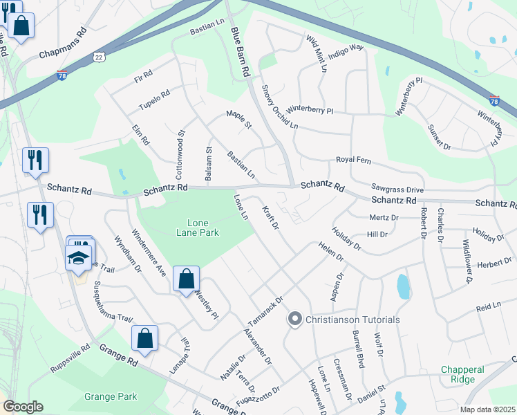 map of restaurants, bars, coffee shops, grocery stores, and more near 17 Lone Lane in Allentown