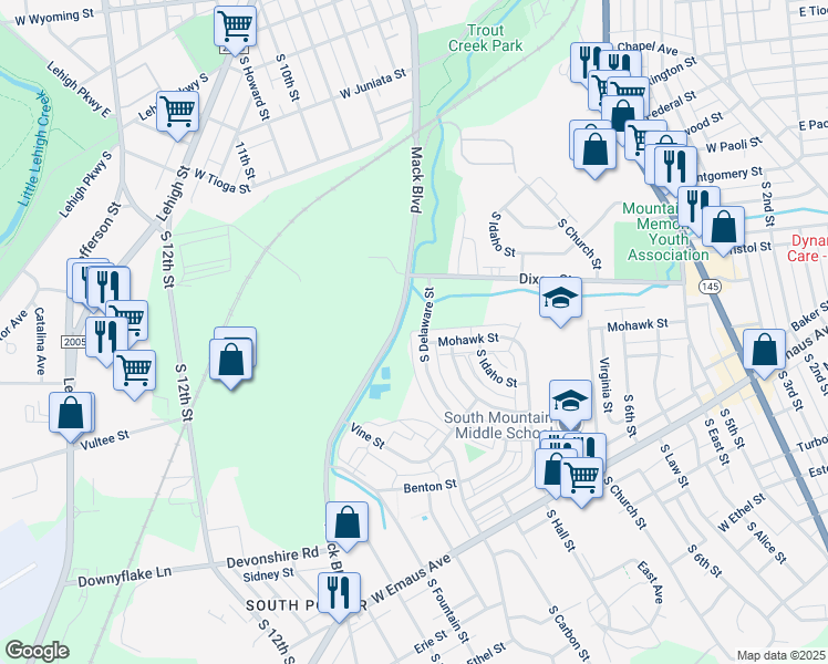 map of restaurants, bars, coffee shops, grocery stores, and more near 1875 Mack Boulevard in Allentown
