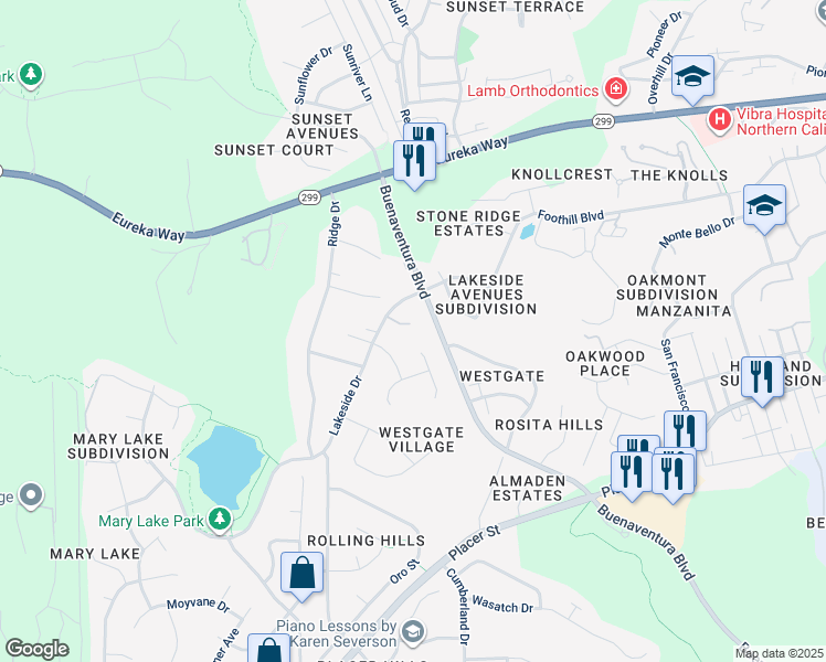 map of restaurants, bars, coffee shops, grocery stores, and more near 3727 Regatta Court in Redding