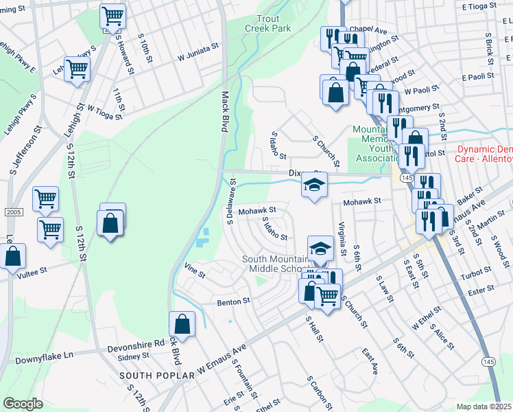 map of restaurants, bars, coffee shops, grocery stores, and more near 747 Mohawk Street in Allentown