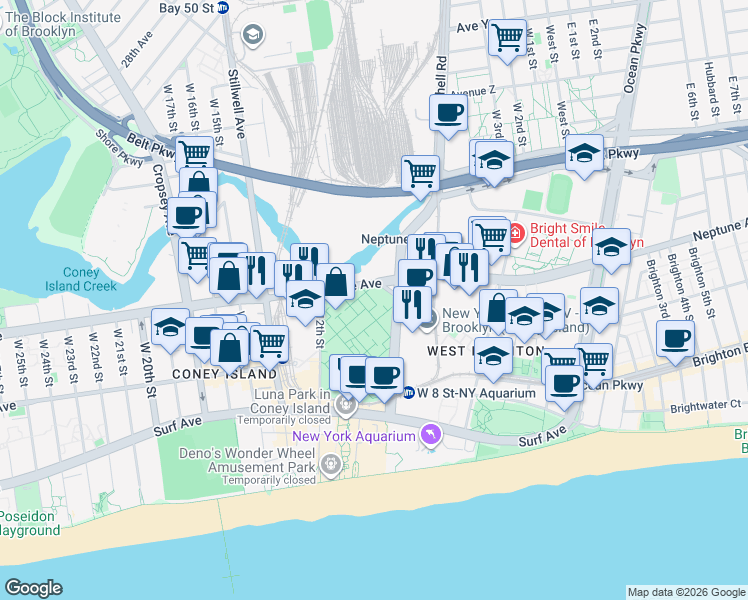 map of restaurants, bars, coffee shops, grocery stores, and more near 2816 West 8th Street in Brooklyn