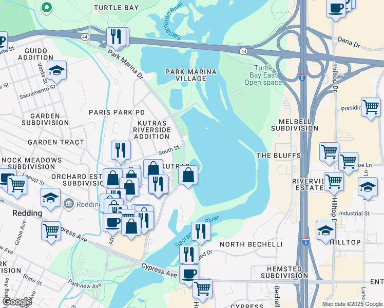 map of restaurants, bars, coffee shops, grocery stores, and more near 2301 Park Marina Drive in Redding