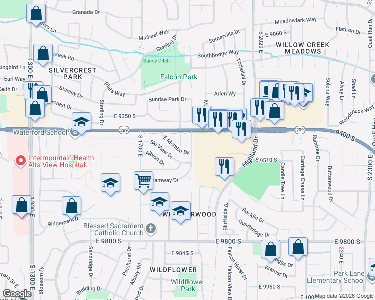 map of restaurants, bars, coffee shops, grocery stores, and more near 9472 South Tramway Drive in Sandy