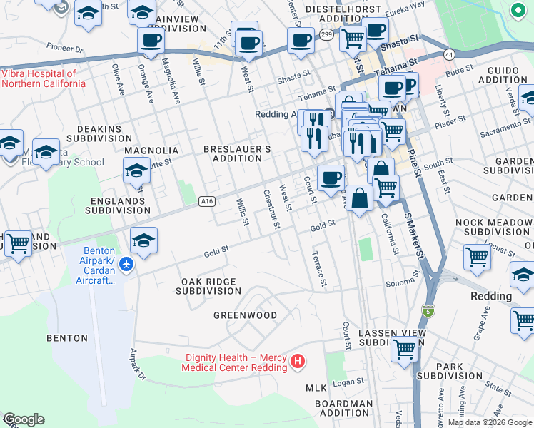 map of restaurants, bars, coffee shops, grocery stores, and more near 1764 Chestnut Street in Redding