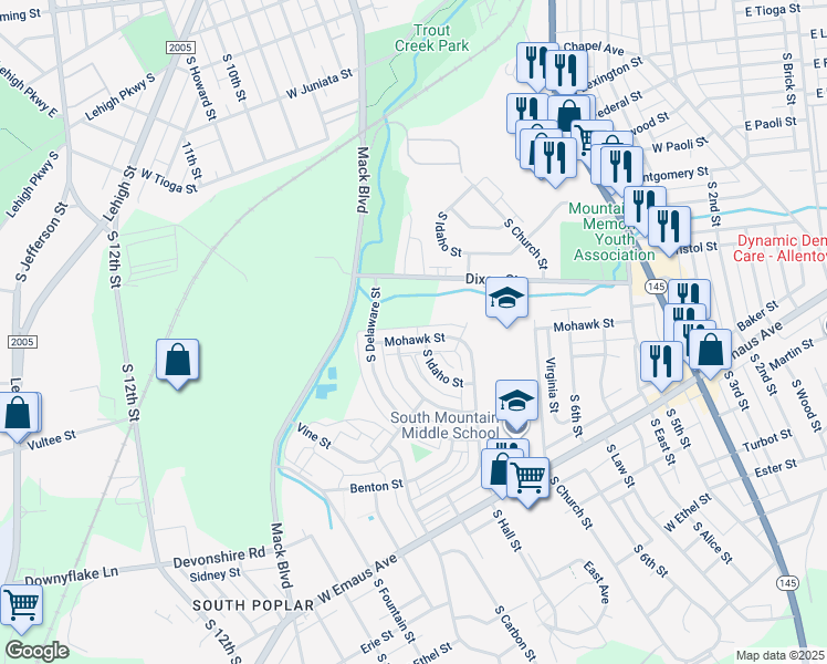 map of restaurants, bars, coffee shops, grocery stores, and more near 747 Mohawk Street in Allentown