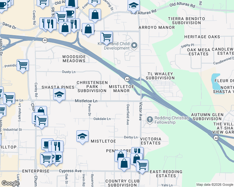 map of restaurants, bars, coffee shops, grocery stores, and more near 1909 Lindeena Lane in Redding