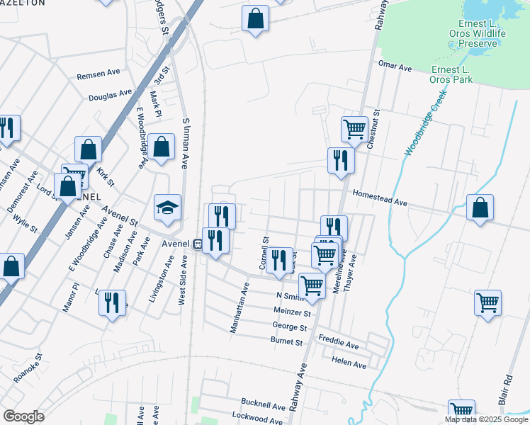 map of restaurants, bars, coffee shops, grocery stores, and more near 83 Cornell Street in Woodbridge Township