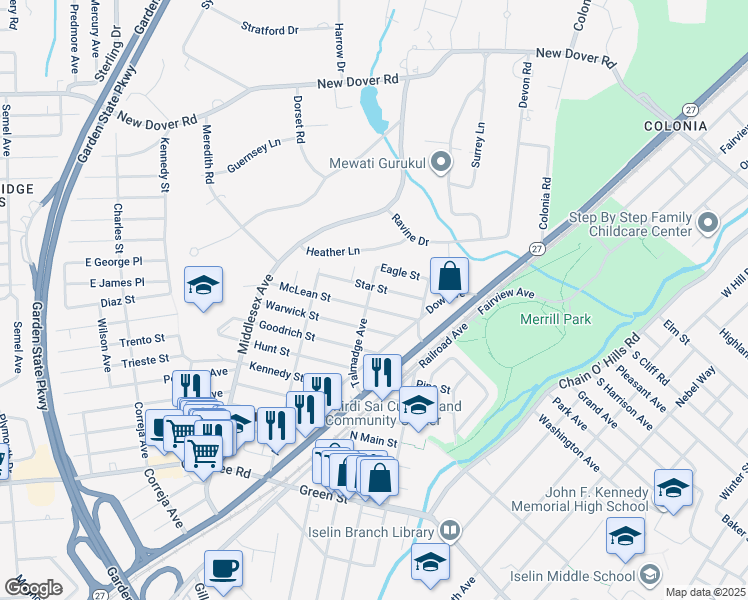 map of restaurants, bars, coffee shops, grocery stores, and more near 104 Talmadge Avenue in Woodbridge Township
