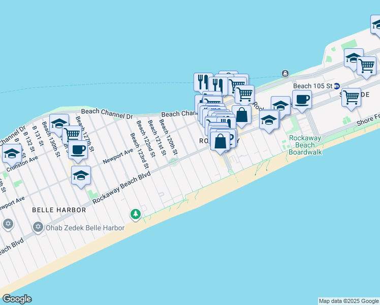 map of restaurants, bars, coffee shops, grocery stores, and more near 117-18 Rockaway Beach Boulevard in Queens