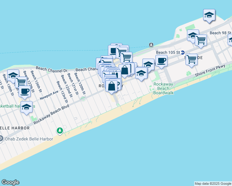 map of restaurants, bars, coffee shops, grocery stores, and more near 179 Beach 115th Street in Queens