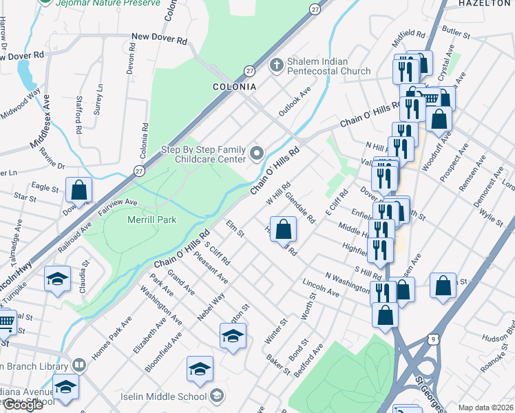 map of restaurants, bars, coffee shops, grocery stores, and more near 345 Chain O' Hills Road in Woodbridge Township