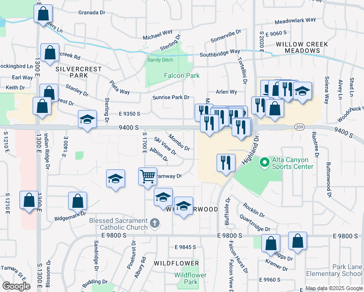 map of restaurants, bars, coffee shops, grocery stores, and more near East Mombo Drive in Sandy