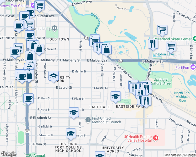 map of restaurants, bars, coffee shops, grocery stores, and more near 615 Cowan Street in Fort Collins