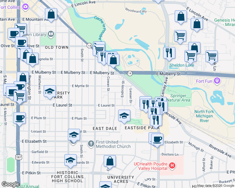 map of restaurants, bars, coffee shops, grocery stores, and more near 609 Endicott Street in Fort Collins