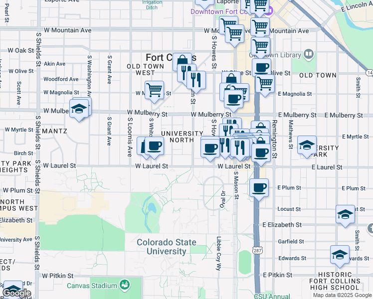 map of restaurants, bars, coffee shops, grocery stores, and more near in Fort Collins