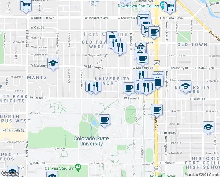 map of restaurants, bars, coffee shops, grocery stores, and more near 612 South Sherwood Street in Fort Collins