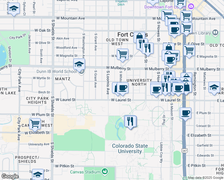 map of restaurants, bars, coffee shops, grocery stores, and more near 617 South Whitcomb Street in Fort Collins