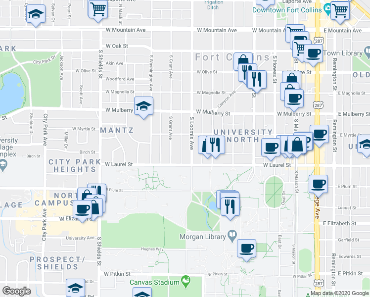map of restaurants, bars, coffee shops, grocery stores, and more near 613 South Loomis Avenue in Fort Collins
