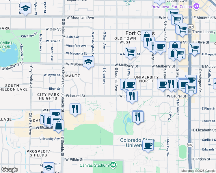 map of restaurants, bars, coffee shops, grocery stores, and more near 613 South Loomis Avenue in Fort Collins