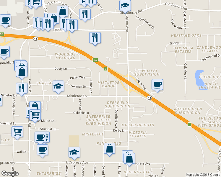 map of restaurants, bars, coffee shops, grocery stores, and more near 1909 Lindeena Lane in Redding