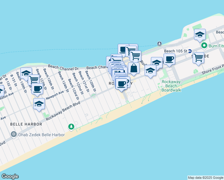 map of restaurants, bars, coffee shops, grocery stores, and more near 117-18 Rockaway Beach Boulevard in Queens