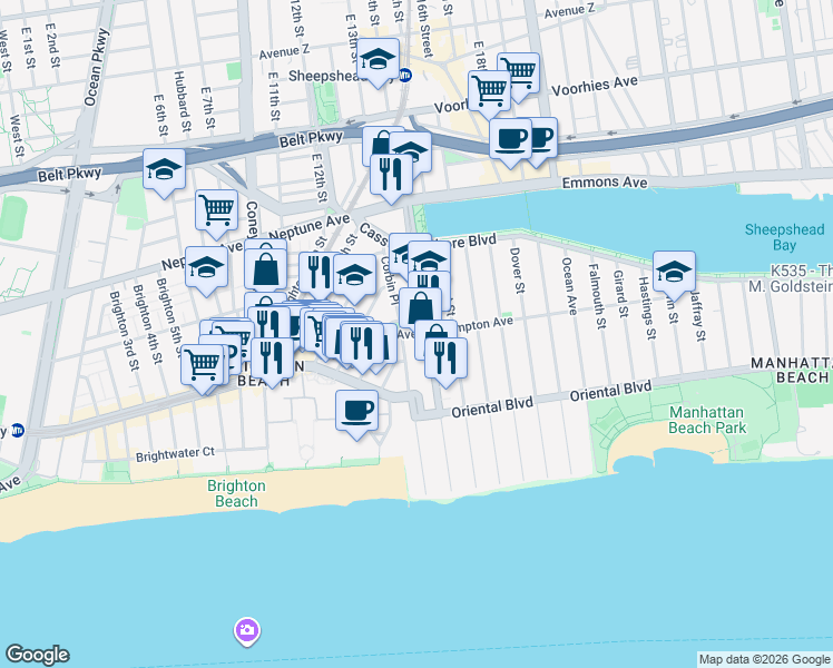 map of restaurants, bars, coffee shops, grocery stores, and more near Corbin Place in Brooklyn