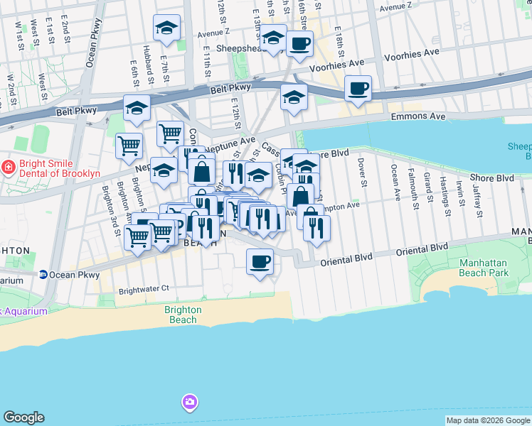 map of restaurants, bars, coffee shops, grocery stores, and more near 1080 Ocean View Avenue in Brooklyn