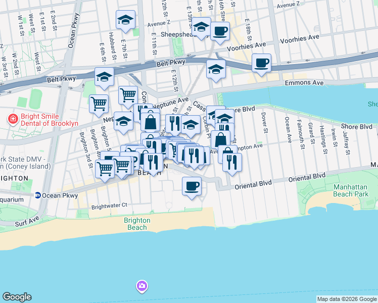 map of restaurants, bars, coffee shops, grocery stores, and more near 1080 Ocean View Avenue in Brooklyn