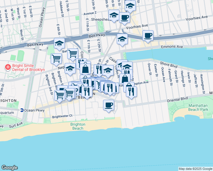 map of restaurants, bars, coffee shops, grocery stores, and more near 1080 Ocean View Avenue in Brooklyn