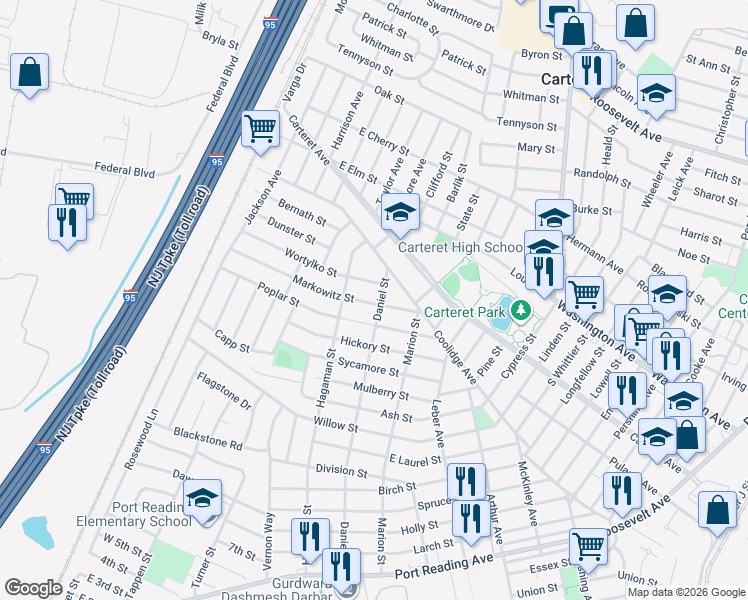 map of restaurants, bars, coffee shops, grocery stores, and more near 96 Markowitz Street in Carteret