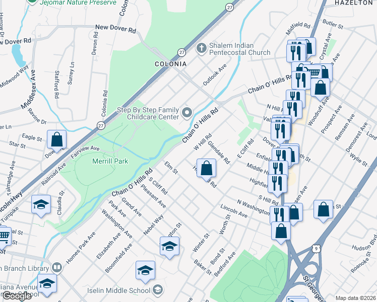 map of restaurants, bars, coffee shops, grocery stores, and more near 345 Chain O' Hills Road in Woodbridge Township
