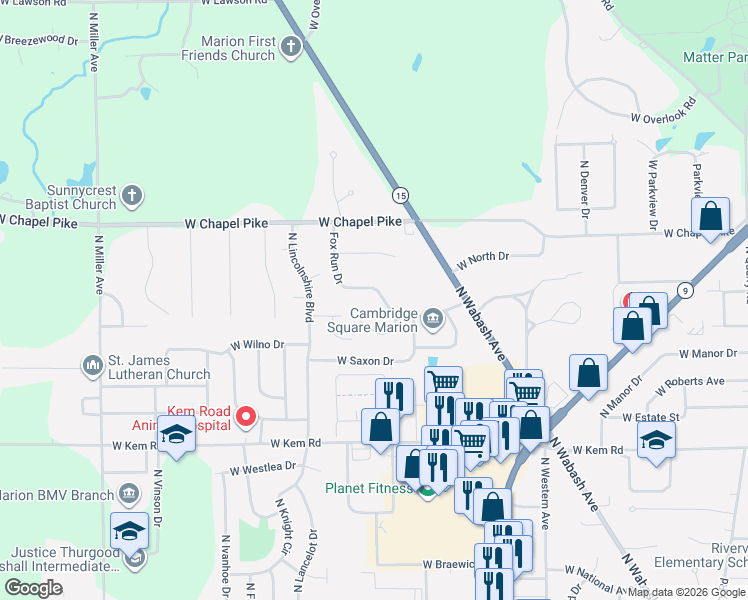 map of restaurants, bars, coffee shops, grocery stores, and more near 1716 West Timberview Drive in Marion