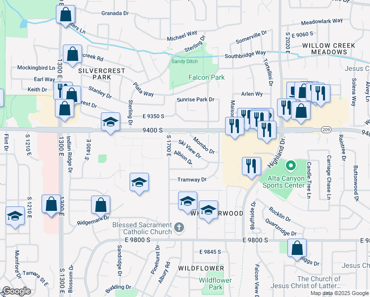 map of restaurants, bars, coffee shops, grocery stores, and more near 1748 Ski View Drive in Sandy