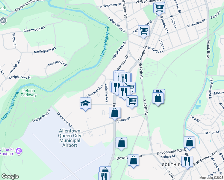 map of restaurants, bars, coffee shops, grocery stores, and more near 1523 South Jefferson Street in Allentown