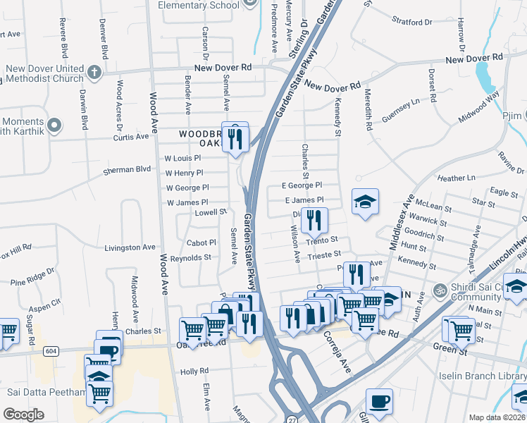 map of restaurants, bars, coffee shops, grocery stores, and more near 19 Gateway Avenue in Woodbridge Township