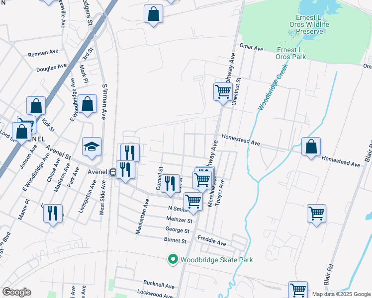 map of restaurants, bars, coffee shops, grocery stores, and more near 92 Oak Street in Woodbridge Township