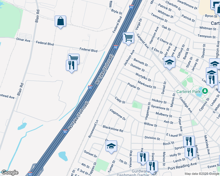 map of restaurants, bars, coffee shops, grocery stores, and more near 77 Jackson Avenue in Carteret