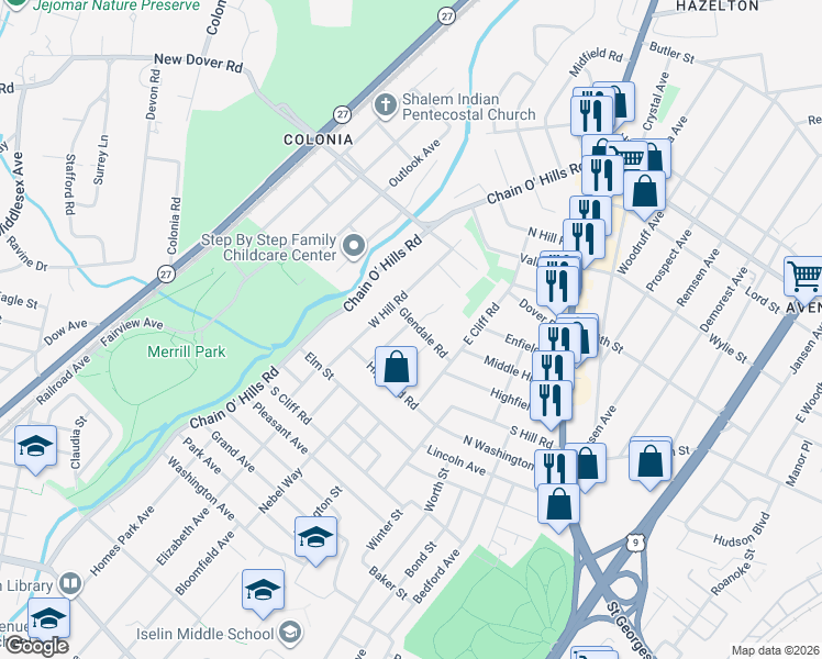 map of restaurants, bars, coffee shops, grocery stores, and more near 75 West Hill Road in Woodbridge Township