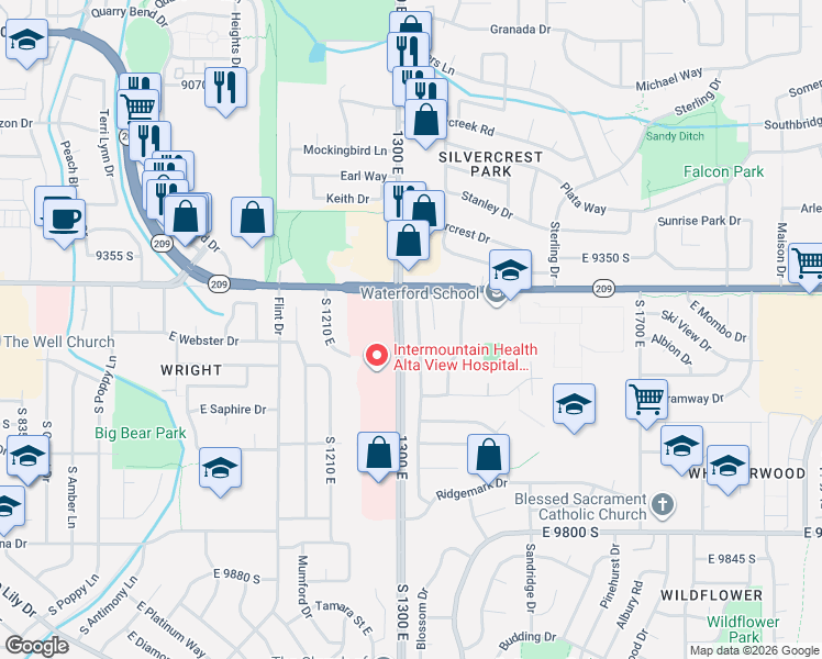 map of restaurants, bars, coffee shops, grocery stores, and more near 9466 Indian Ridge Drive in Sandy