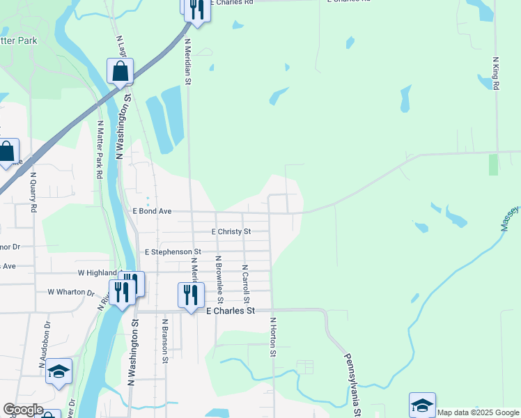 map of restaurants, bars, coffee shops, grocery stores, and more near 627 East Bond Avenue in Marion