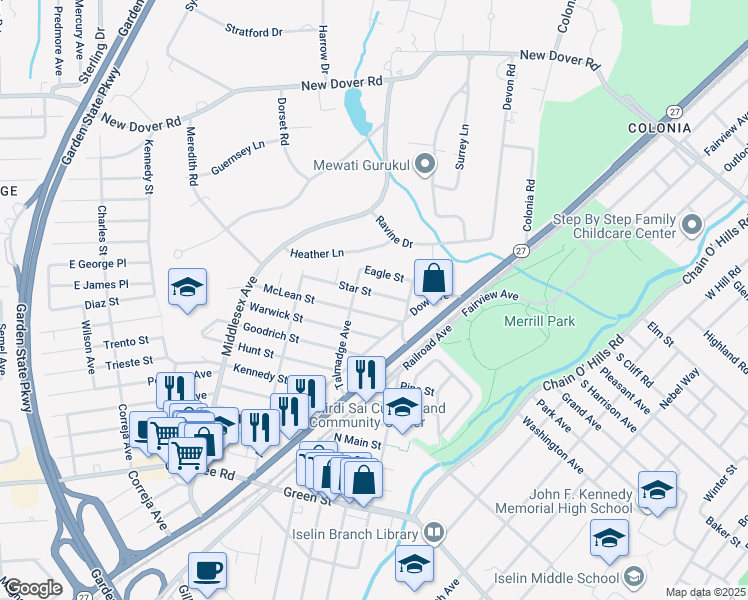 map of restaurants, bars, coffee shops, grocery stores, and more near 32 Star Street in Woodbridge Township
