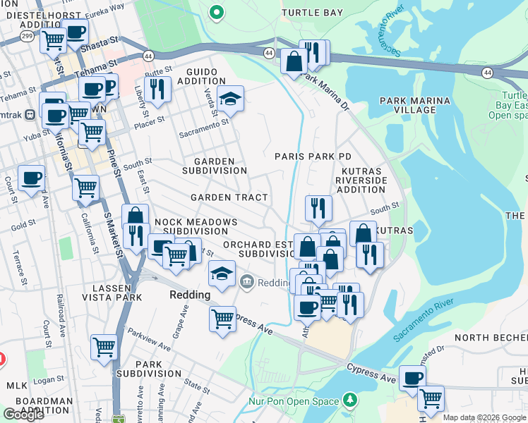 map of restaurants, bars, coffee shops, grocery stores, and more near 721 South St in Redding
