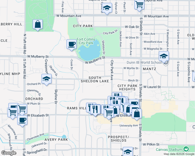 map of restaurants, bars, coffee shops, grocery stores, and more near 1524 Crestmore Place in Fort Collins