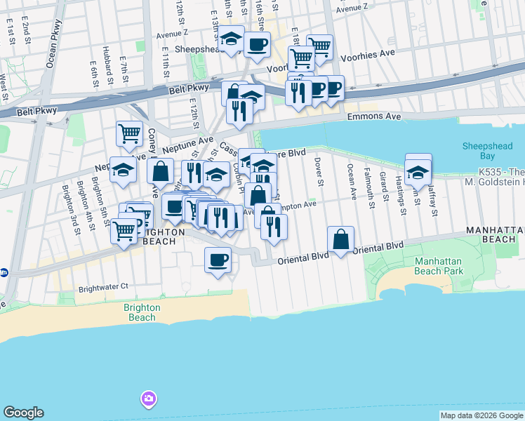 map of restaurants, bars, coffee shops, grocery stores, and more near 2330 Ocean View Avenue in Brooklyn