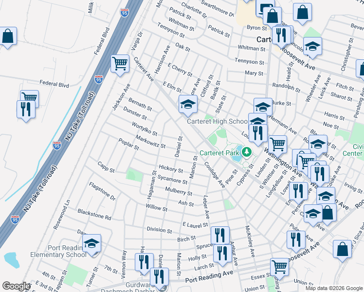 map of restaurants, bars, coffee shops, grocery stores, and more near 77 Coolidge Avenue in Carteret