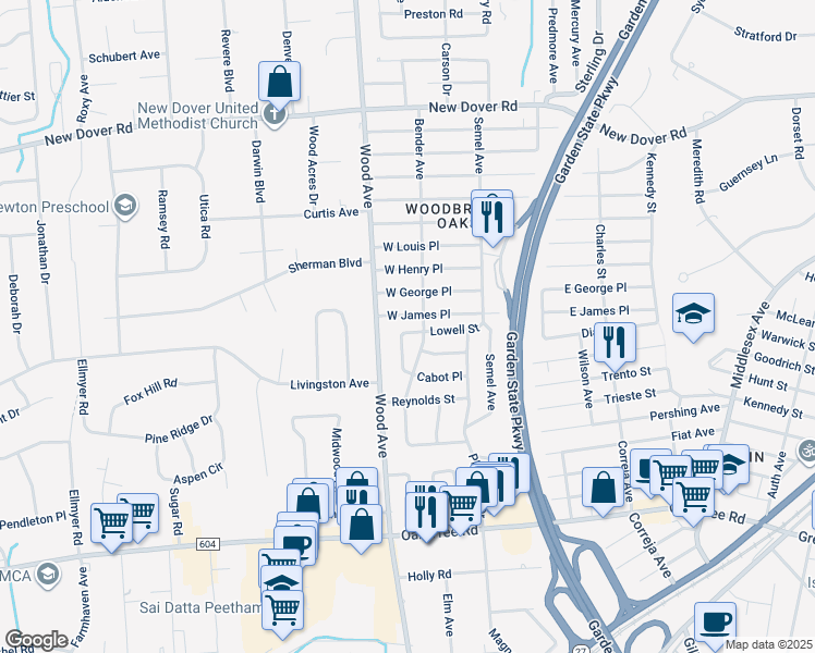 map of restaurants, bars, coffee shops, grocery stores, and more near 39 Hancock Place in Woodbridge Township