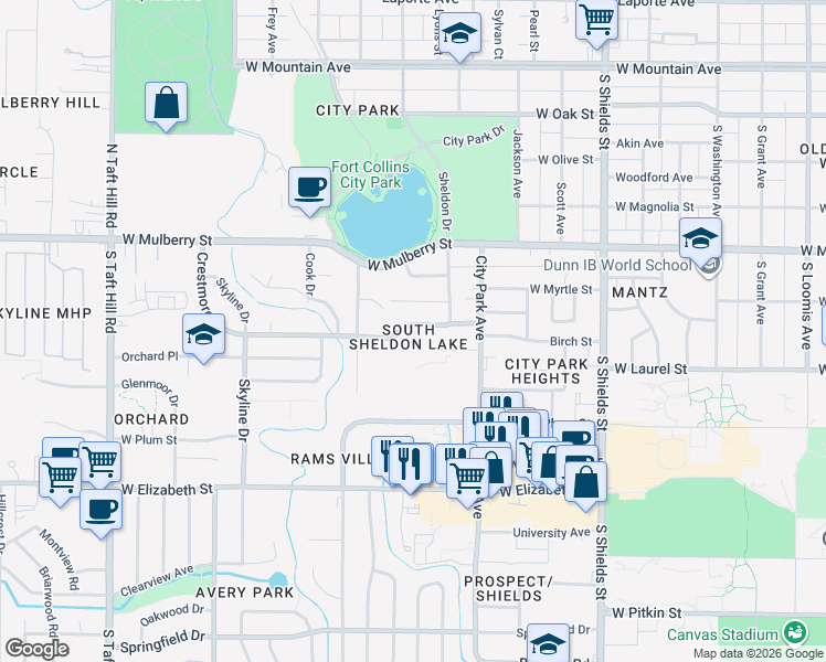 map of restaurants, bars, coffee shops, grocery stores, and more near 1524 Crestmore Place in Fort Collins