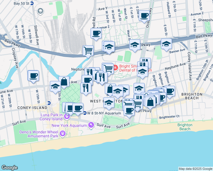 map of restaurants, bars, coffee shops, grocery stores, and more near 494 Neptune Avenue in Brooklyn