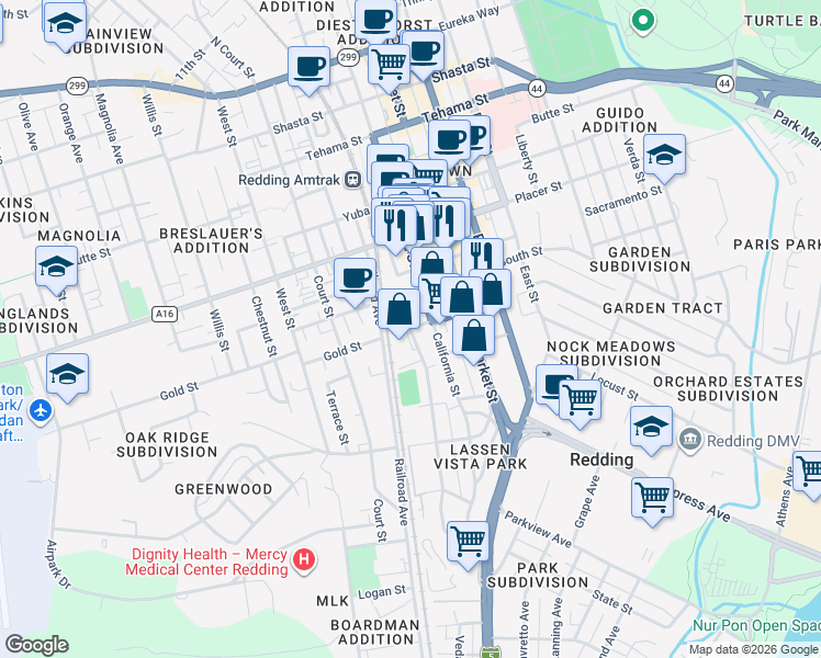 map of restaurants, bars, coffee shops, grocery stores, and more near Gold Street & Waldon Street in Redding
