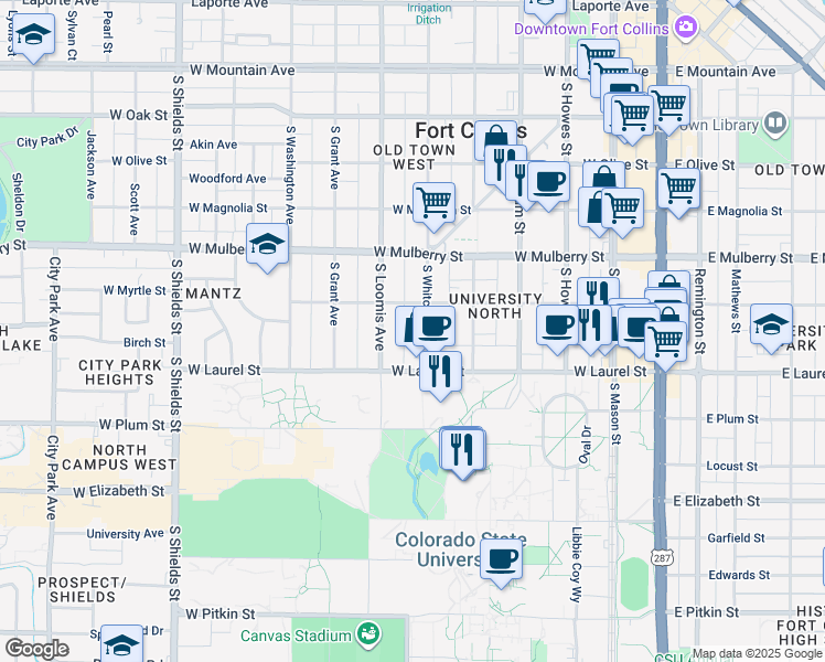 map of restaurants, bars, coffee shops, grocery stores, and more near 617 South Whitcomb Street in Fort Collins